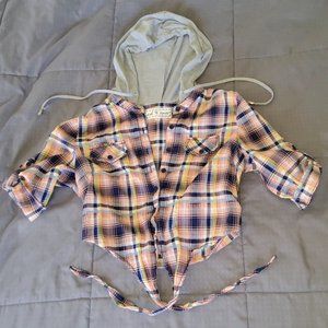 Plaid pocket button down crop hoodie roll sleeve shirt EUC